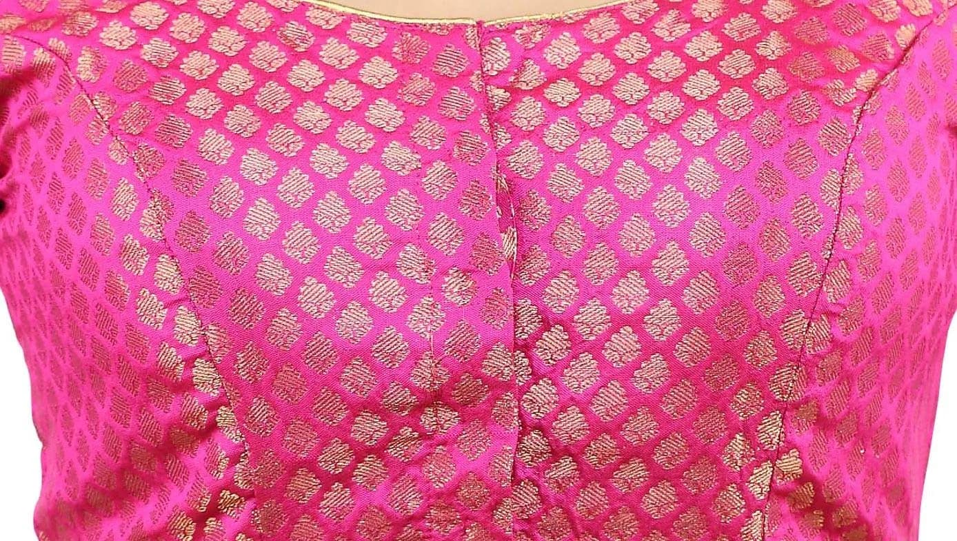 Madhu Fashion Women's Banaras Brocade Saree Blouse 44 (XXL) Pink | Readymade Elbow Sleeve Choli for Indian Sarees - view 5