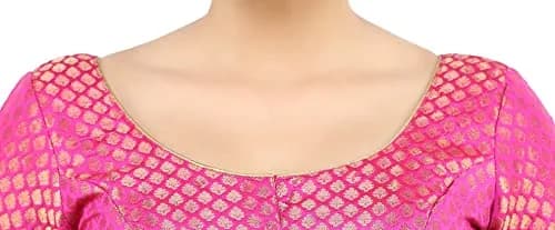 Madhu Fashion Women's Banaras Brocade Saree Blouse 44 (XXL) Pink | Readymade Elbow Sleeve Choli for Indian Sarees thumbnail 6