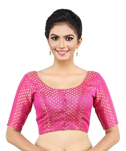 Madhu Fashion Women's Banaras Brocade Saree Blouse 44 (XXL) Pink | Readymade Elbow Sleeve Choli for Indian Sarees thumbnail 1