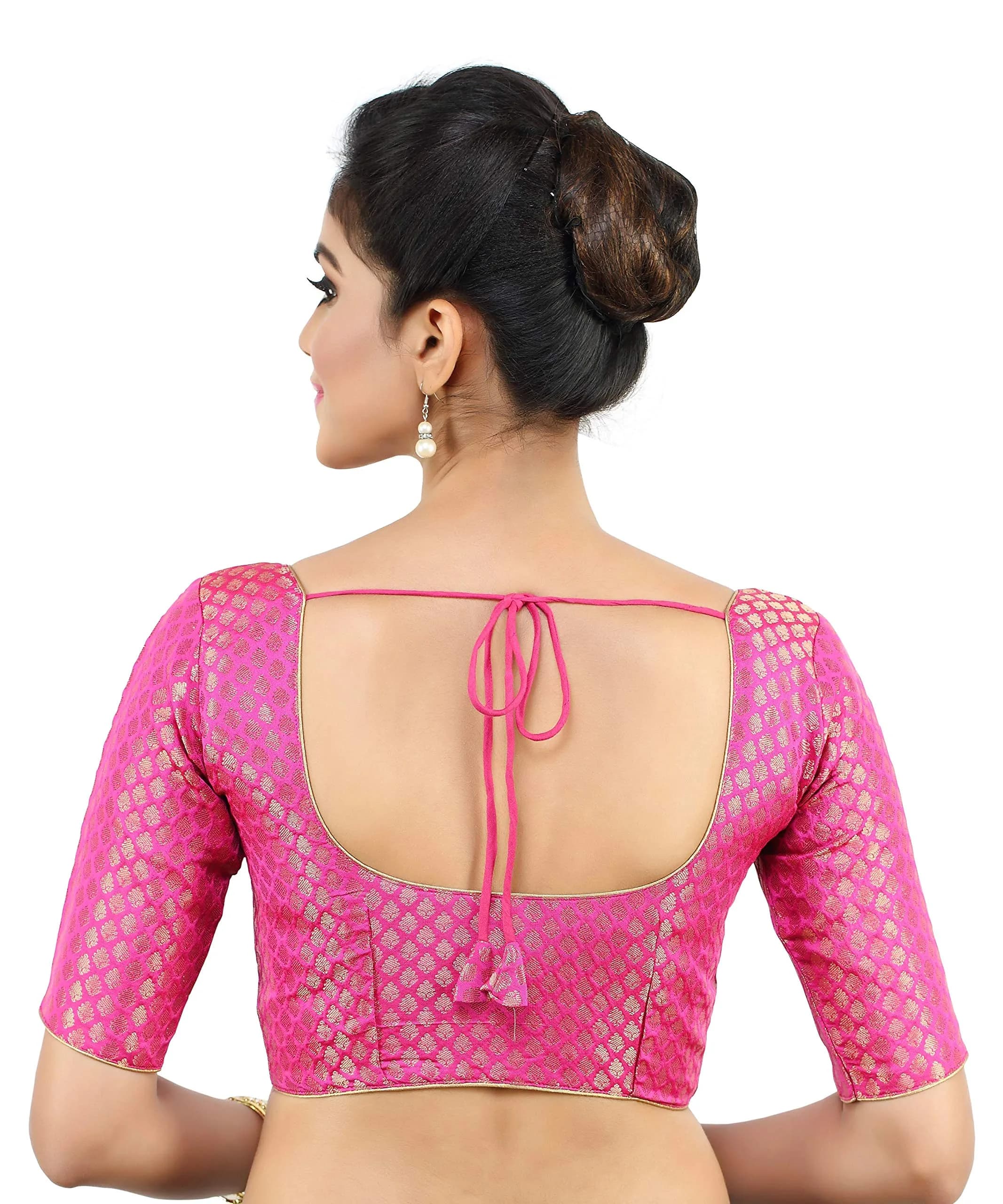 Madhu Fashion Women's Banaras Brocade Saree Blouse 44 (XXL) Pink | Readymade Elbow Sleeve Choli for Indian Sarees - view 2