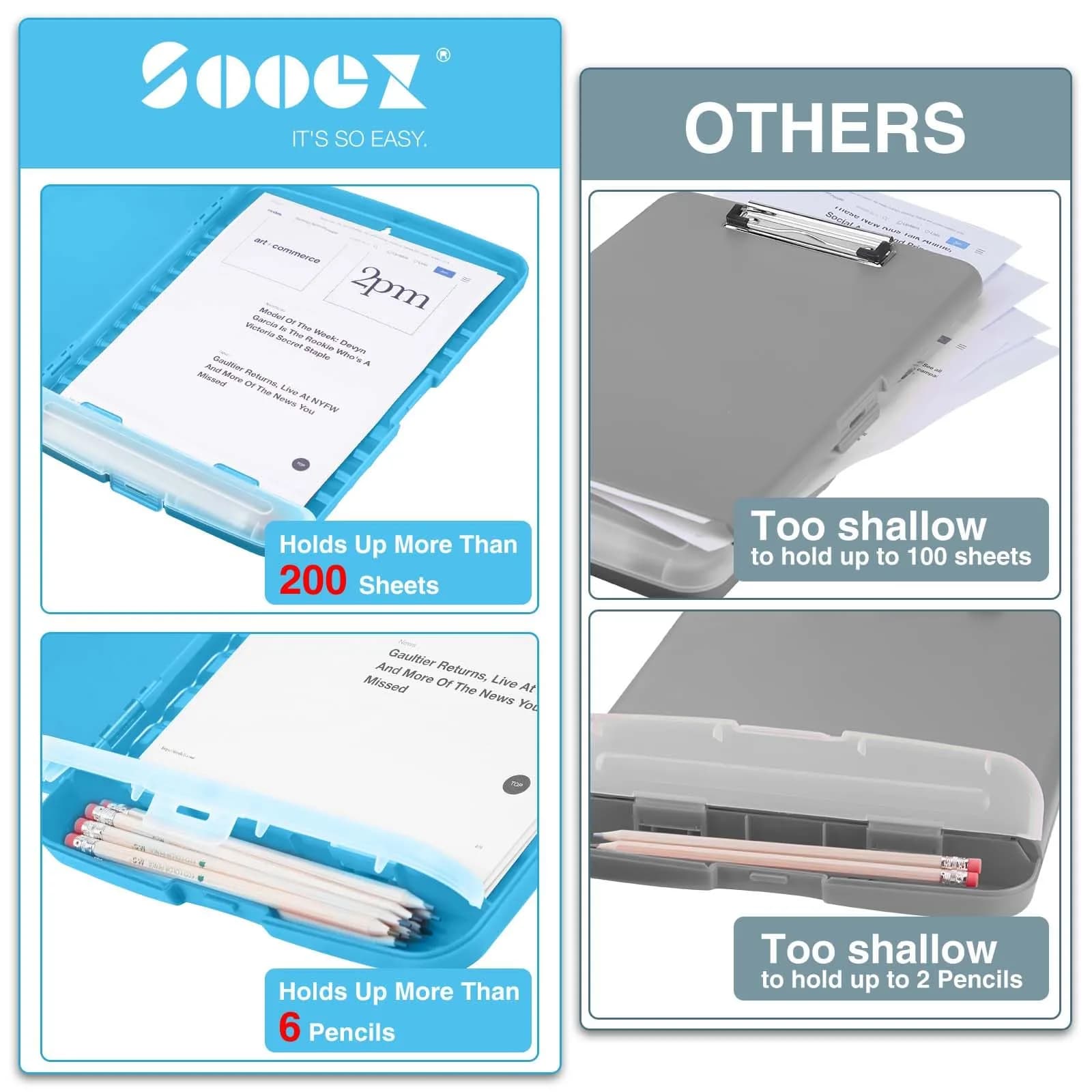 Sooez Storage Clipboard with Pen Holder 36.8 cm (14.5 in) | Holds 200+ Sheets & Pens - view 3