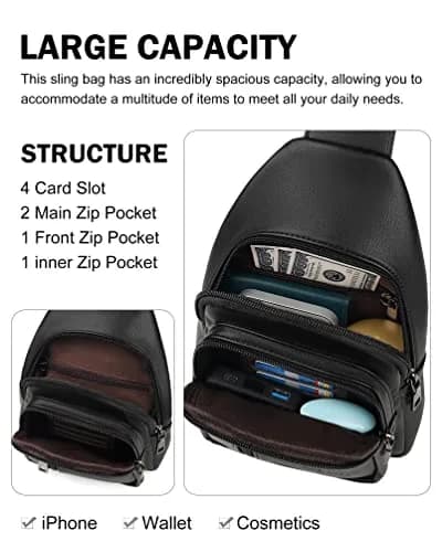 MASINTOR Sling Bag for Women, Crossbody Fanny Pack, Black | Durable Faux Leather, Adjustable Strap thumbnail 3