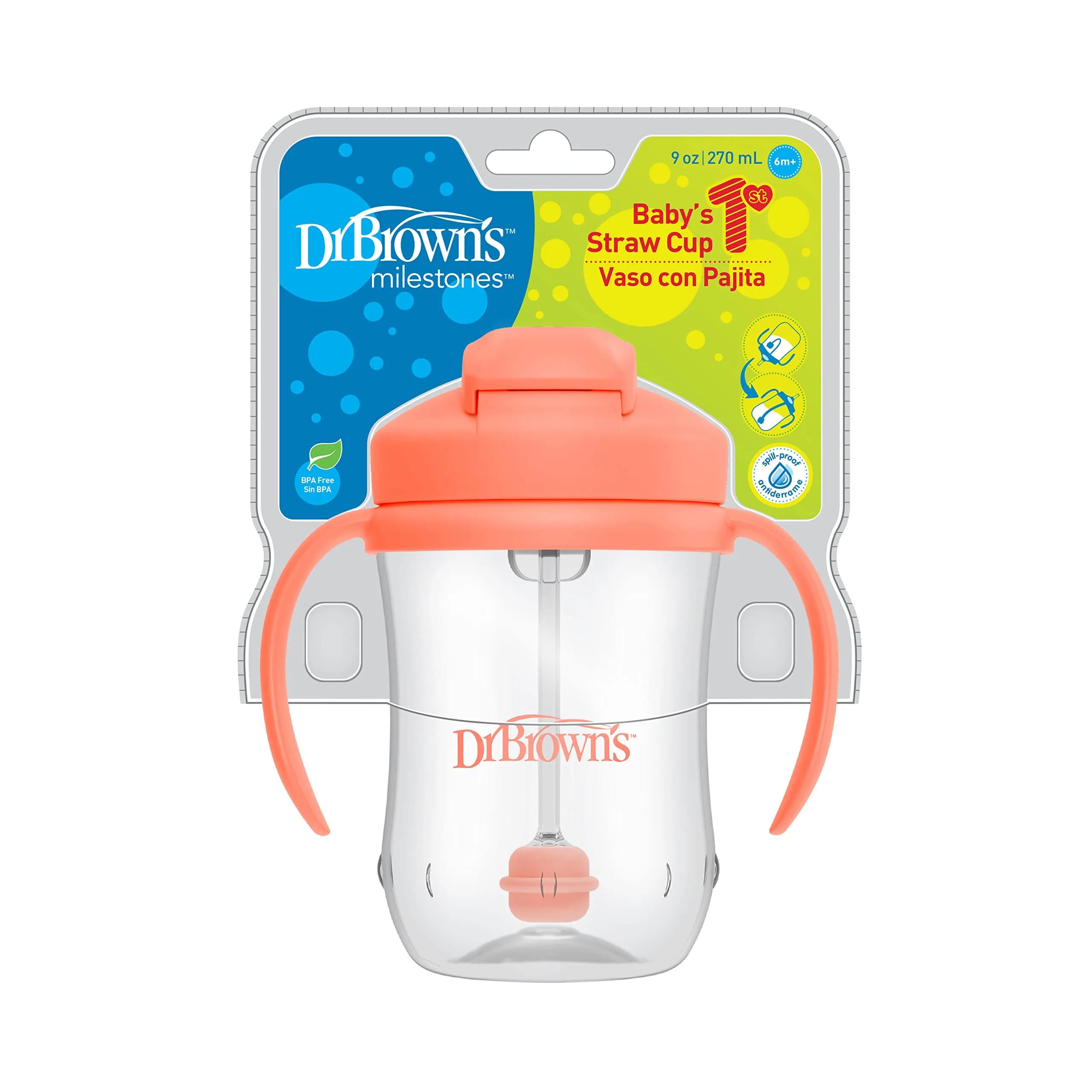 Dr. Brown's Milestones Baby's First Straw Cup, Coral, 270ml (9 oz) | Spill-Proof & BPA-Free for Toddlers 6m+ - view 2