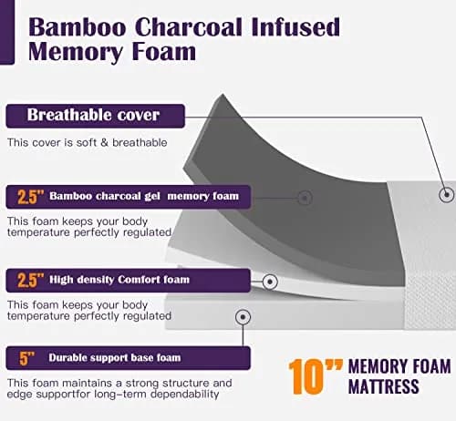PayLessHere 10 Inch Bamboo Charcoal Gel Memory Foam Mattress | CertiPUR-US Certified Twin thumbnail 3