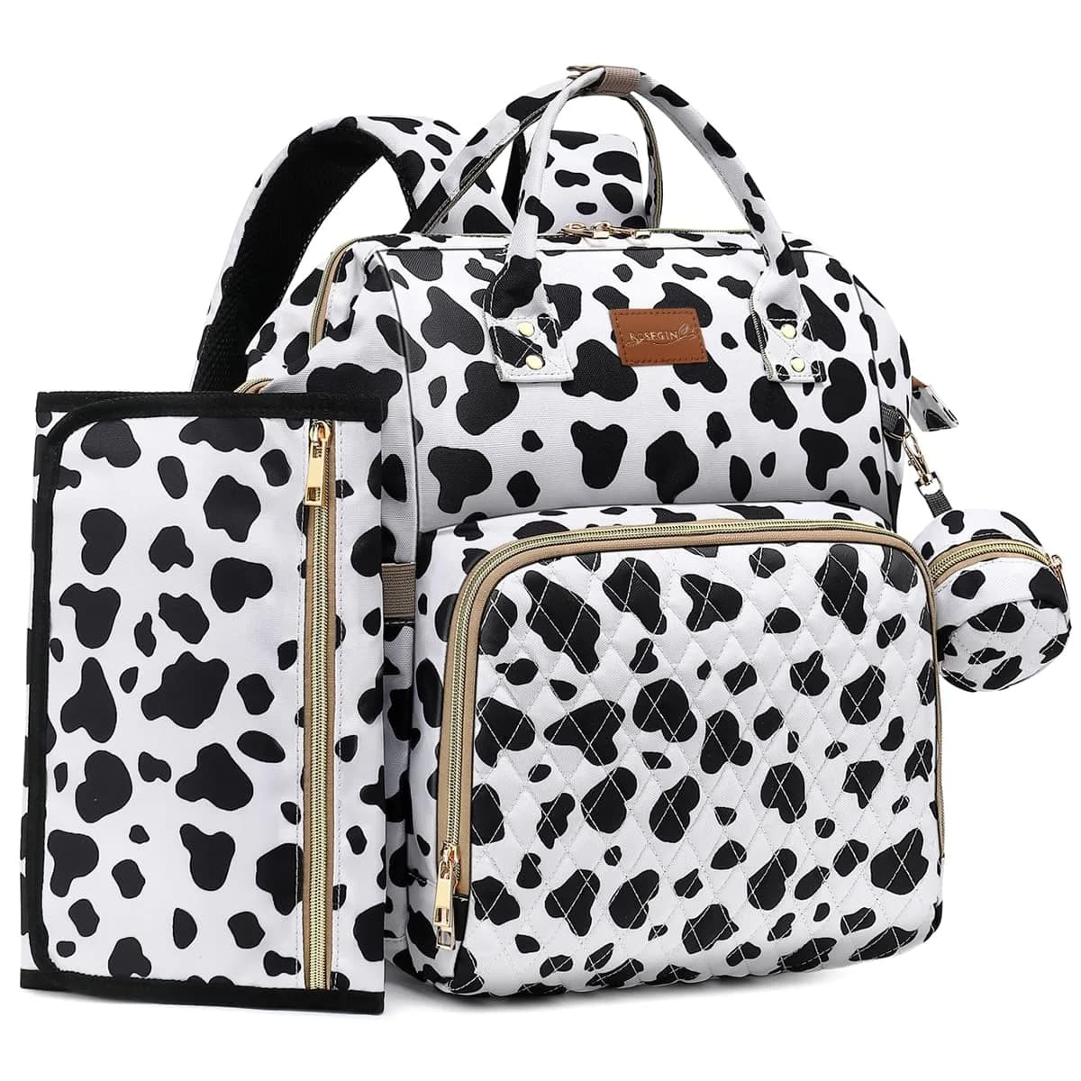 ROSEGIN Diaper Bag Backpack with Changing Pad, Pacifier Case, Baby Bag for Boy Girl Toddler - Large, Stylish, Waterproof Travel Quilted Diaper Bag for Mom - Baby Shower Registry - Cow Print — Cow Print