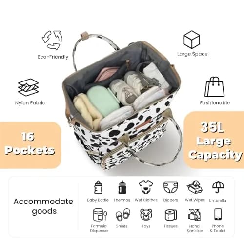 ROSEGIN Diaper Bag Backpack with Changing Pad, Pacifier Case, Baby Bag for Boy Girl Toddler - Large, Stylish, Waterproof Travel Quilted Diaper Bag for Mom - Baby Shower Registry - Cow Print thumbnail 2