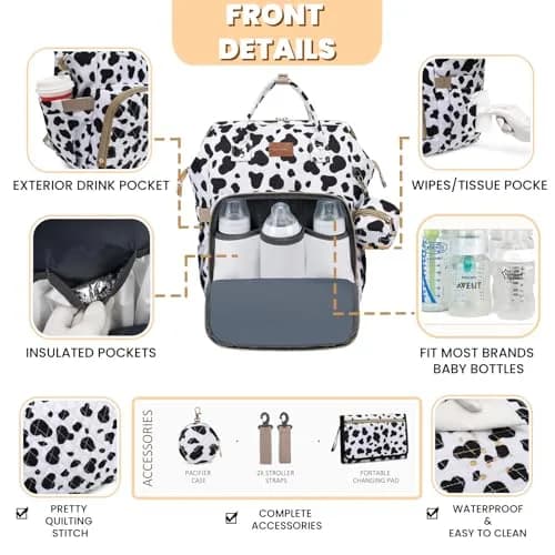 ROSEGIN Diaper Bag Backpack with Changing Pad, Pacifier Case, Baby Bag for Boy Girl Toddler - Large, Stylish, Waterproof Travel Quilted Diaper Bag for Mom - Baby Shower Registry - Cow Print thumbnail 3