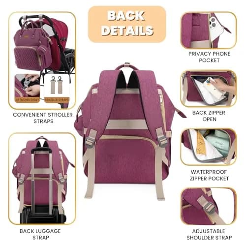 ROSEGIN Large Diaper Bag Backpack 35L (1.6 lbs) | Waterproof Quilted Travel Bag with Changing Pad & Stroller Straps thumbnail 4