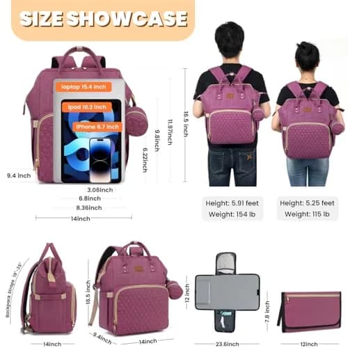 ROSEGIN Large Diaper Bag Backpack 35L (1.6 lbs) | Waterproof Quilted Travel Bag with Changing Pad & Stroller Straps thumbnail 6
