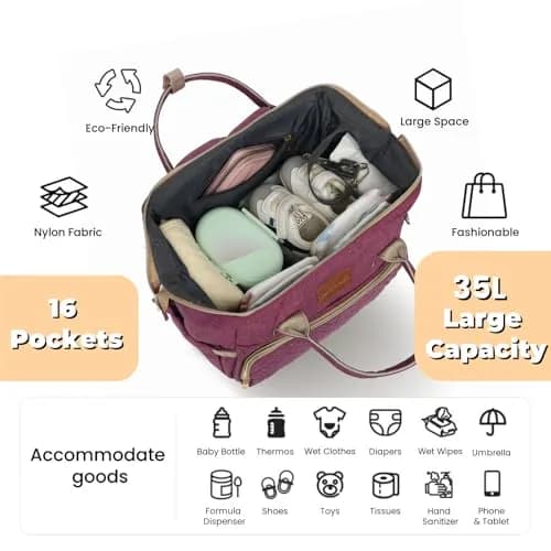 ROSEGIN Large Diaper Bag Backpack 35L (1.6 lbs) | Waterproof Quilted Travel Bag with Changing Pad & Stroller Straps thumbnail 2