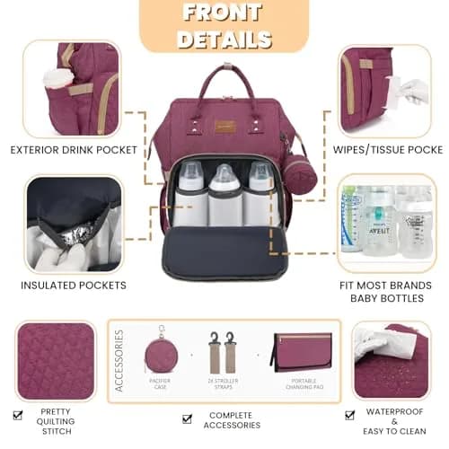 ROSEGIN Large Diaper Bag Backpack 35L (1.6 lbs) | Waterproof Quilted Travel Bag with Changing Pad & Stroller Straps thumbnail 3