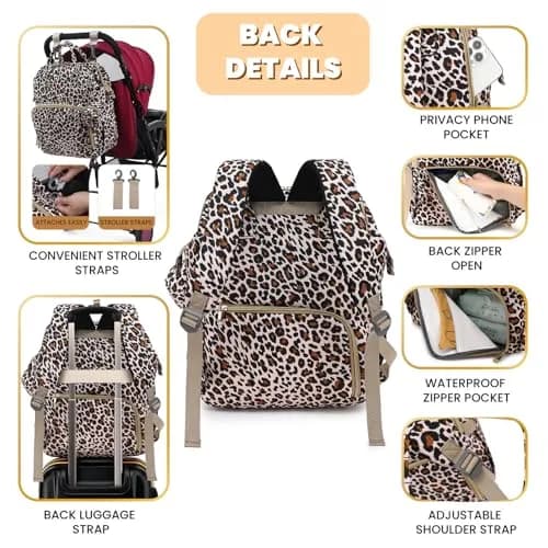 ROSEGIN Diaper Bag Backpack with Changing Pad & Pacifier Case, 35L Large, Waterproof, Cheetah Print | Unisex Travel Baby Bag thumbnail 4