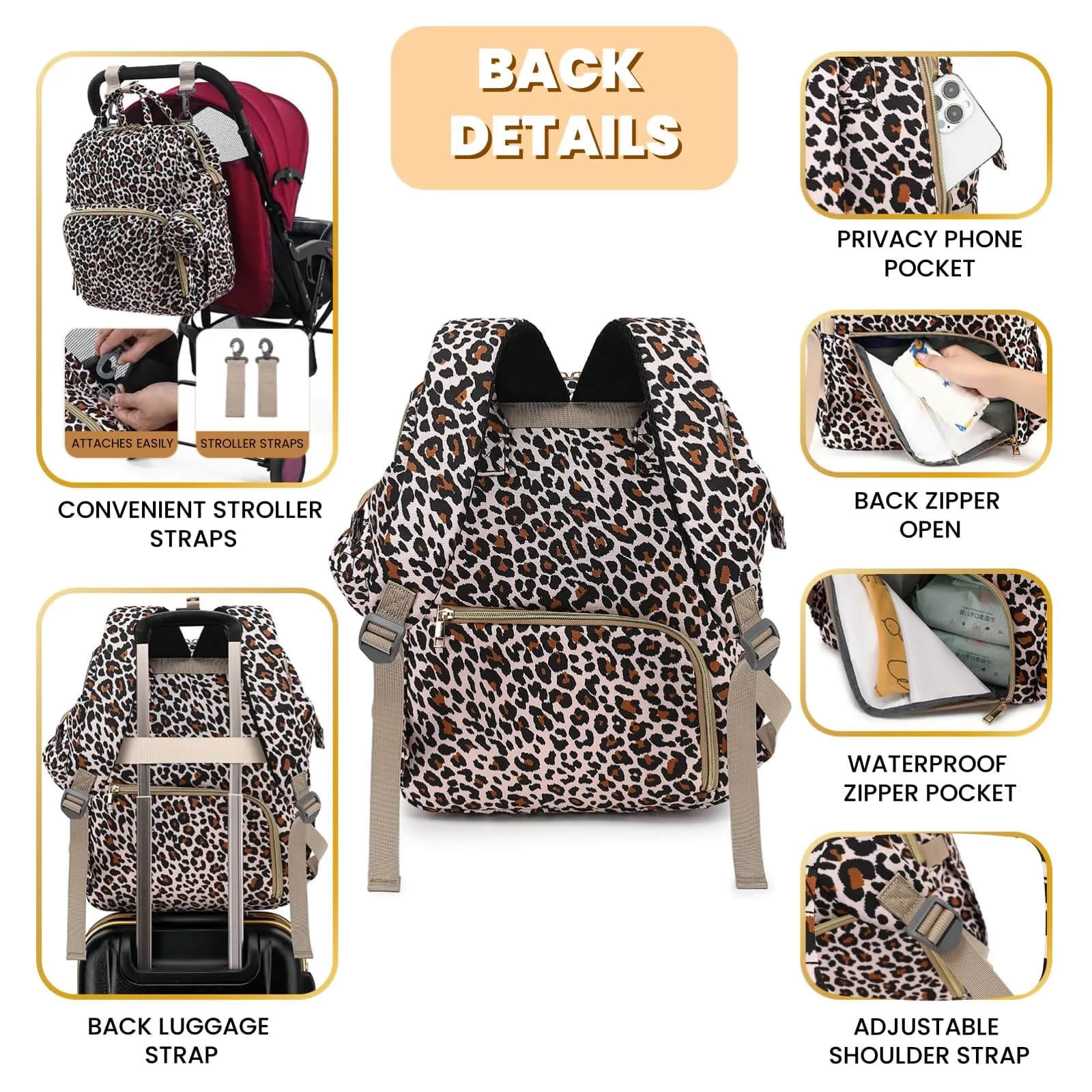 ROSEGIN Diaper Bag Backpack with Changing Pad & Pacifier Case, 35L Large, Waterproof, Cheetah Print | Unisex Travel Baby Bag - view 4