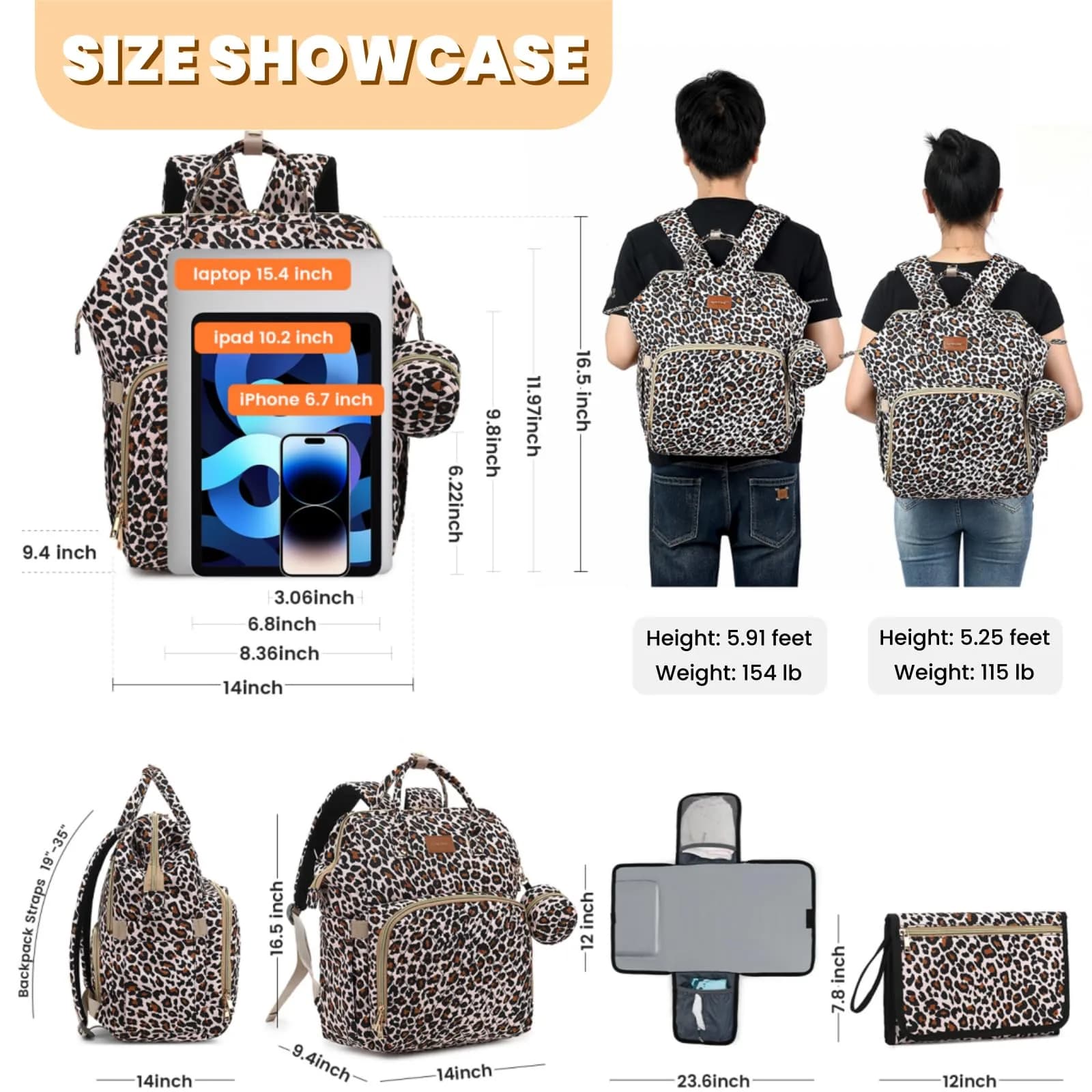 ROSEGIN Diaper Bag Backpack with Changing Pad & Pacifier Case, 35L Large, Waterproof, Cheetah Print | Unisex Travel Baby Bag - view 6