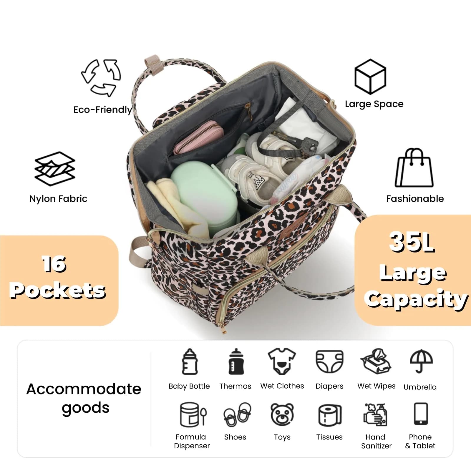 ROSEGIN Diaper Bag Backpack with Changing Pad & Pacifier Case, 35L Large, Waterproof, Cheetah Print | Unisex Travel Baby Bag - view 2