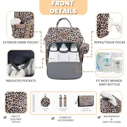 ROSEGIN Diaper Bag Backpack with Changing Pad & Pacifier Case, 35L Large, Waterproof, Cheetah Print | Unisex Travel Baby Bag thumbnail 3