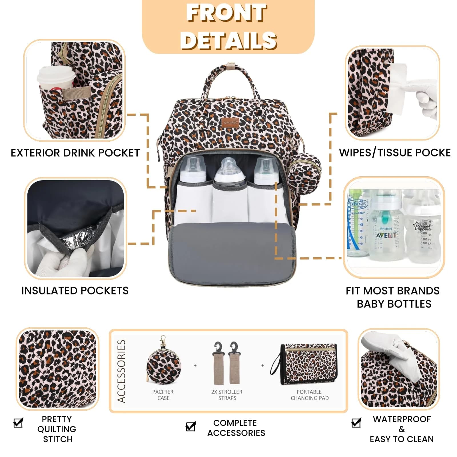 ROSEGIN Diaper Bag Backpack with Changing Pad & Pacifier Case, 35L Large, Waterproof, Cheetah Print | Unisex Travel Baby Bag - view 3