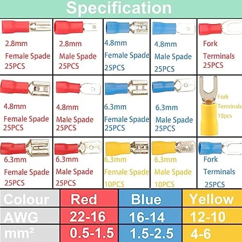 Feggizuli 330PCS Crimp Connectors, 2.8mm 4.8mm 6.3mm Male and Female Spade Connector kit, 15 Types Crimp Terminals Electrical Connectors, Electrical Terminals Includes Spade Ring Fork Wire Connectors | Copper, PVC, 330 pcs thumbnail 3