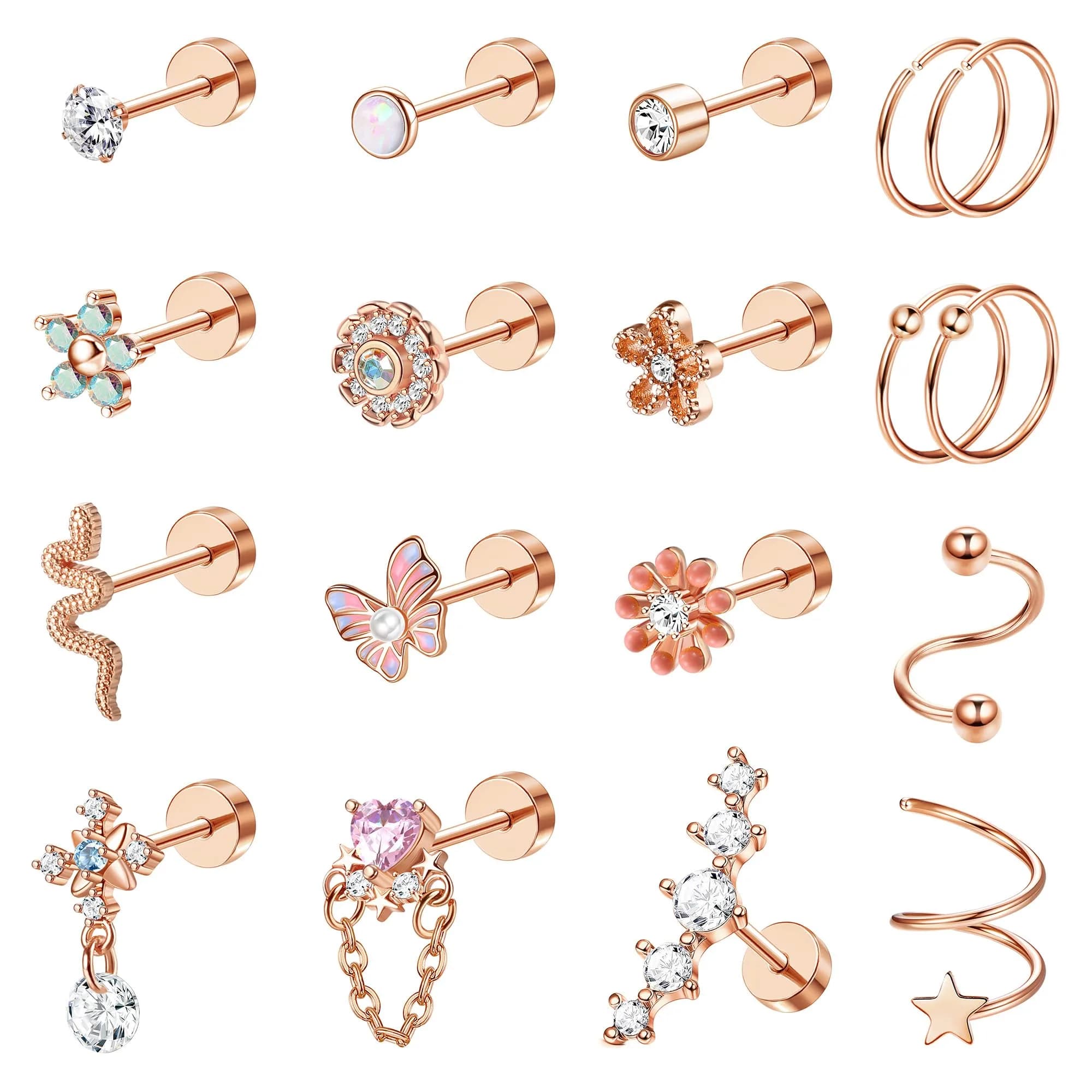LOYALLOOK Cartilage Earring Stud for Women Opal Flat Back Rose Gold Tone | Minimalist Multi-Purpose Jewelry (70-120 chars) — Rose Gold Tone