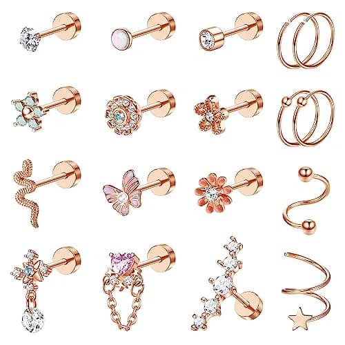 LOYALLOOK Cartilage Earring Stud for Women Opal Flat Back Rose Gold Tone | Minimalist Multi-Purpose Jewelry (70-120 chars) thumbnail 1