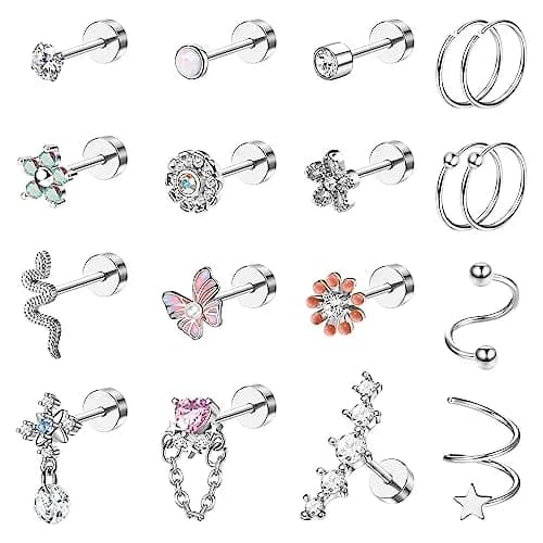 LOYALLOOK 18PCS Cartilage Earring Stud Set | Opal Flower CZ Flat Back Minimalist Jewelry thumbnail 1