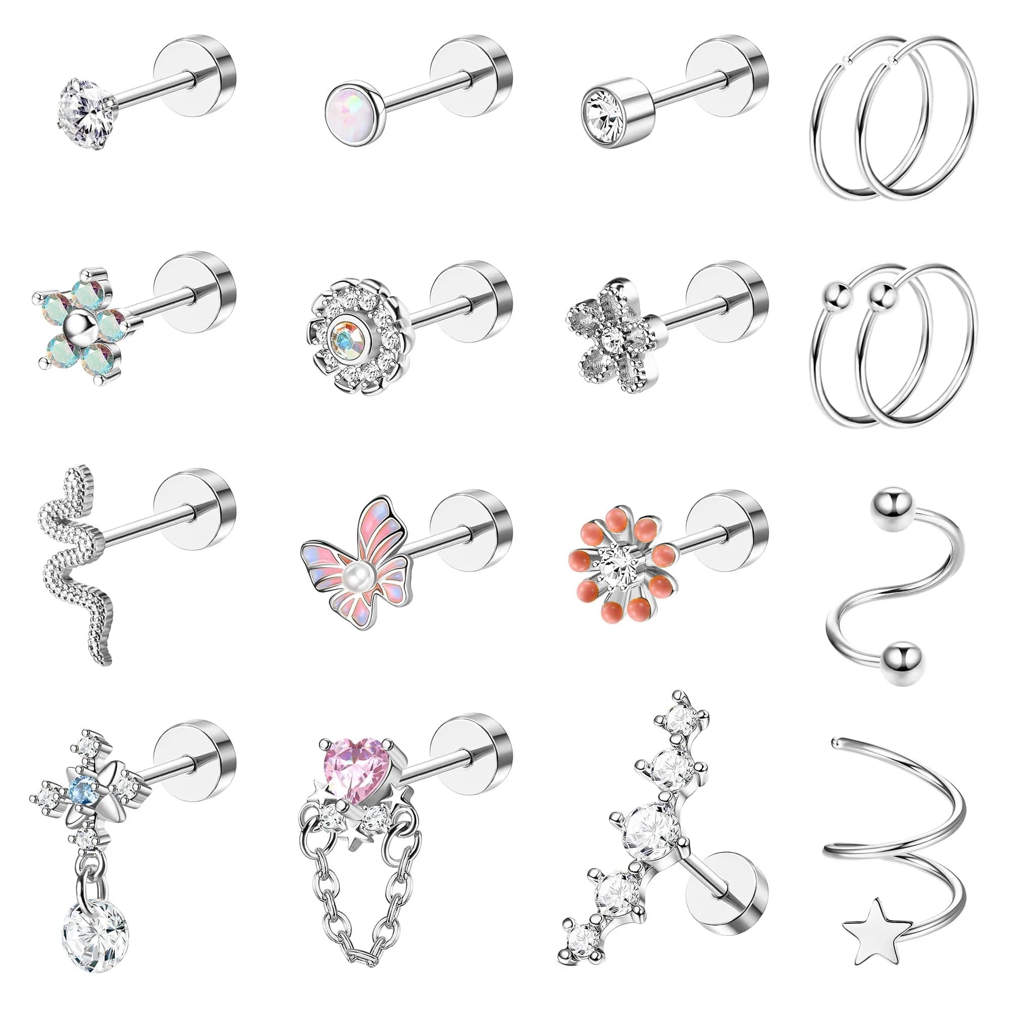 LOYALLOOK 18PCS Cartilage Earring Stud Set | Opal Flower CZ Flat Back Minimalist Jewelry - main product image