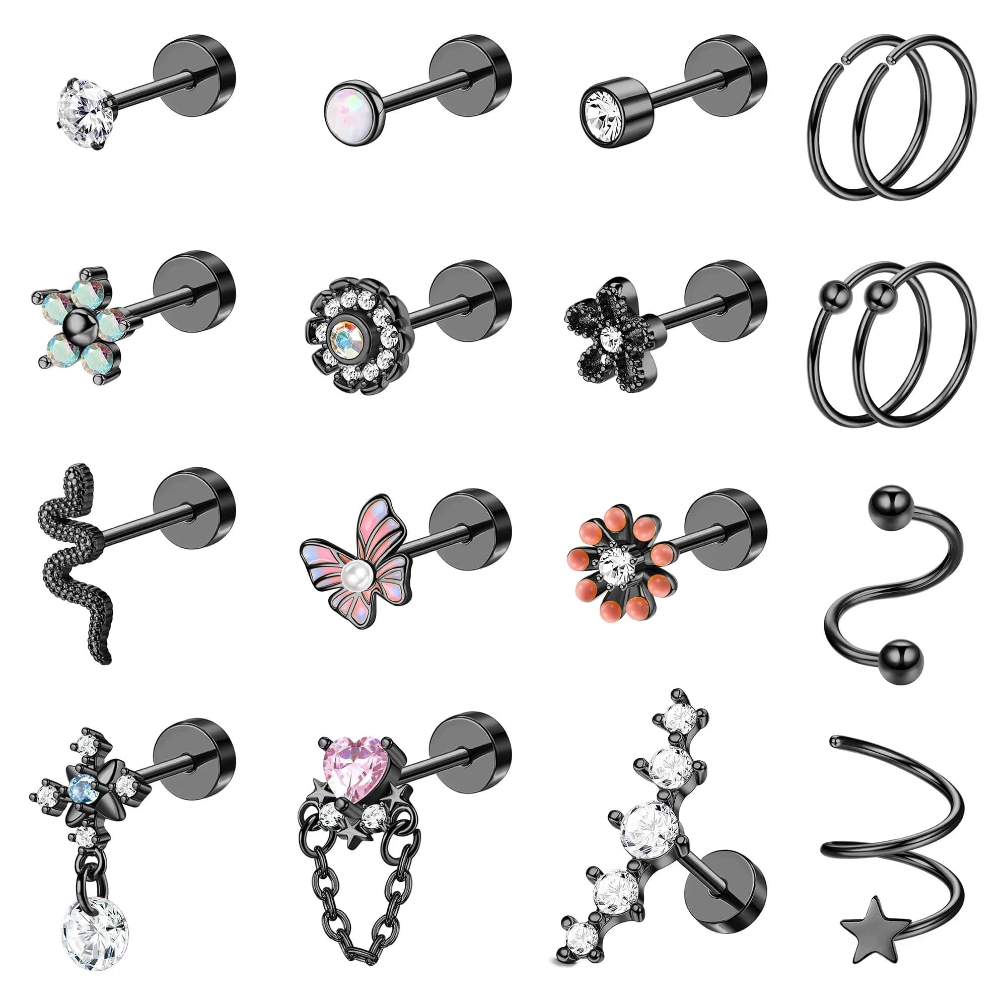LOYALLOOK 18pcs Cartilage Earring Set Black Tone | Minimalist Look for Multiple Piercings — Black Tone