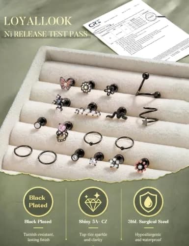LOYALLOOK 18pcs Cartilage Earring Set Black Tone | Minimalist Look for Multiple Piercings thumbnail 5