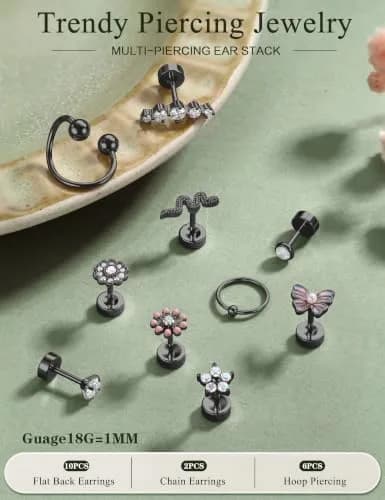 LOYALLOOK 18pcs Cartilage Earring Set Black Tone | Minimalist Look for Multiple Piercings thumbnail 7
