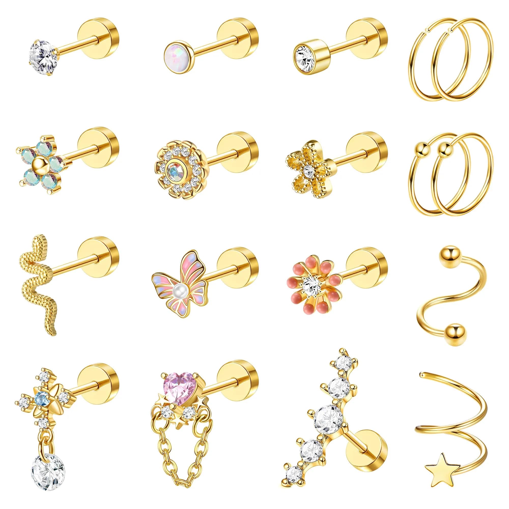 LOYALLOOK Cartilage Earring Stud for Women 14K Gold Plated Opal Flat Back Earrings | Multi-Purpose, Hypoallergenic, 8mm — Gold Tone