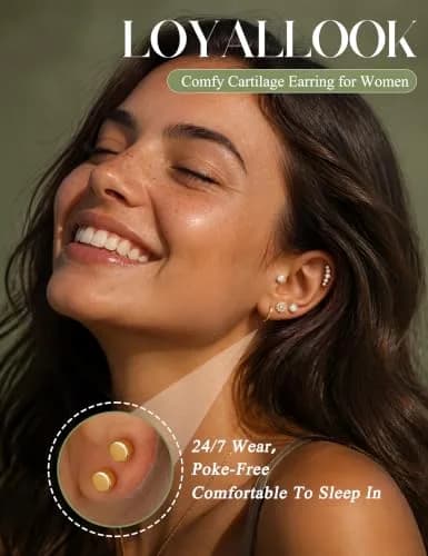 LOYALLOOK Cartilage Earring Stud for Women 14K Gold Plated Opal Flat Back Earrings | Multi-Purpose, Hypoallergenic, 8mm thumbnail 2