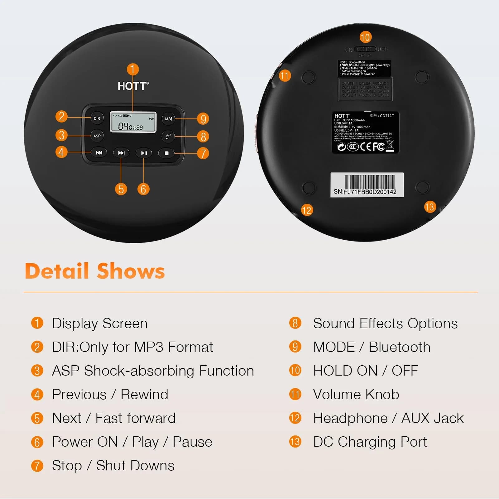 QDZ CD711T Portable CD Player with Bluetooth, USB Rechargeable, 12-Hour Playback | 15.6 cm (5.63 in) Discman with Anti-Shock - view 7