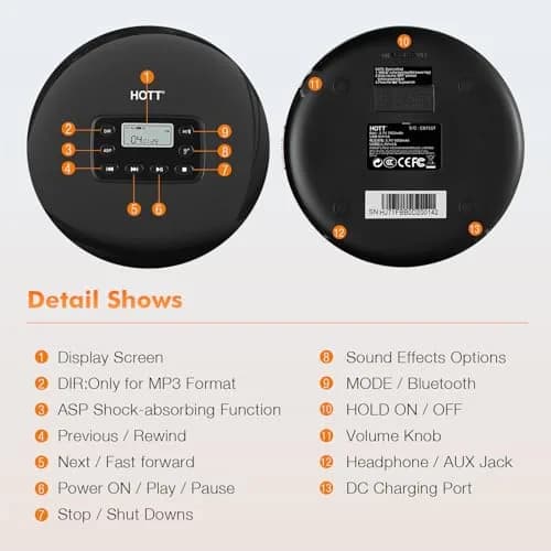 QDZ CD711T Portable CD Player with Bluetooth, USB Rechargeable, 12-Hour Playback | 15.6 cm (5.63 in) Discman with Anti-Shock thumbnail 7