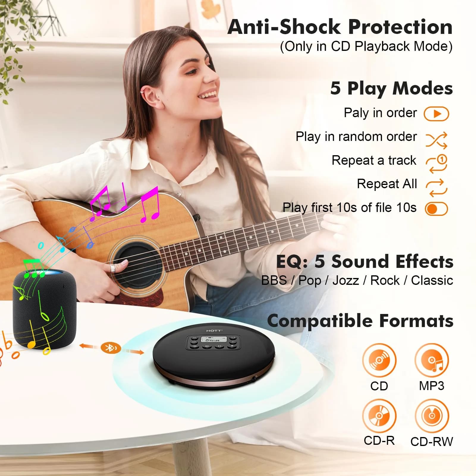 QDZ CD711T Portable CD Player with Bluetooth, USB Rechargeable, 12-Hour Playback | 15.6 cm (5.63 in) Discman with Anti-Shock - view 3