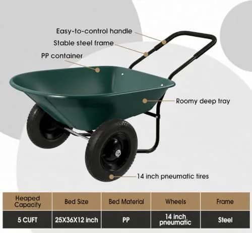 ARNOT Enlarged Dual-Wheel Wheelbarrow | Heavy Duty Garden Cart for Lawn & Farm, Green thumbnail 5