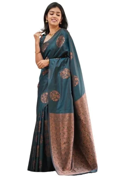 Yashika Women's Banarasi Cotton Silk Jacquard Saree With Blouse Piece, Rama, 5.2m (5.7yd) | Traditional Indian Festive Wear thumbnail 2