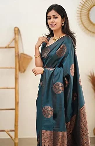 Yashika Women's Banarasi Cotton Silk Jacquard Saree With Blouse Piece, Rama, 5.2m (5.7yd) | Traditional Indian Festive Wear thumbnail 3
