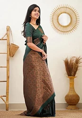 Yashika Women's Banarasi Cotton Silk Jacquard Saree with Blouse Piece, Green, 5.2m (6.3m total) thumbnail 5