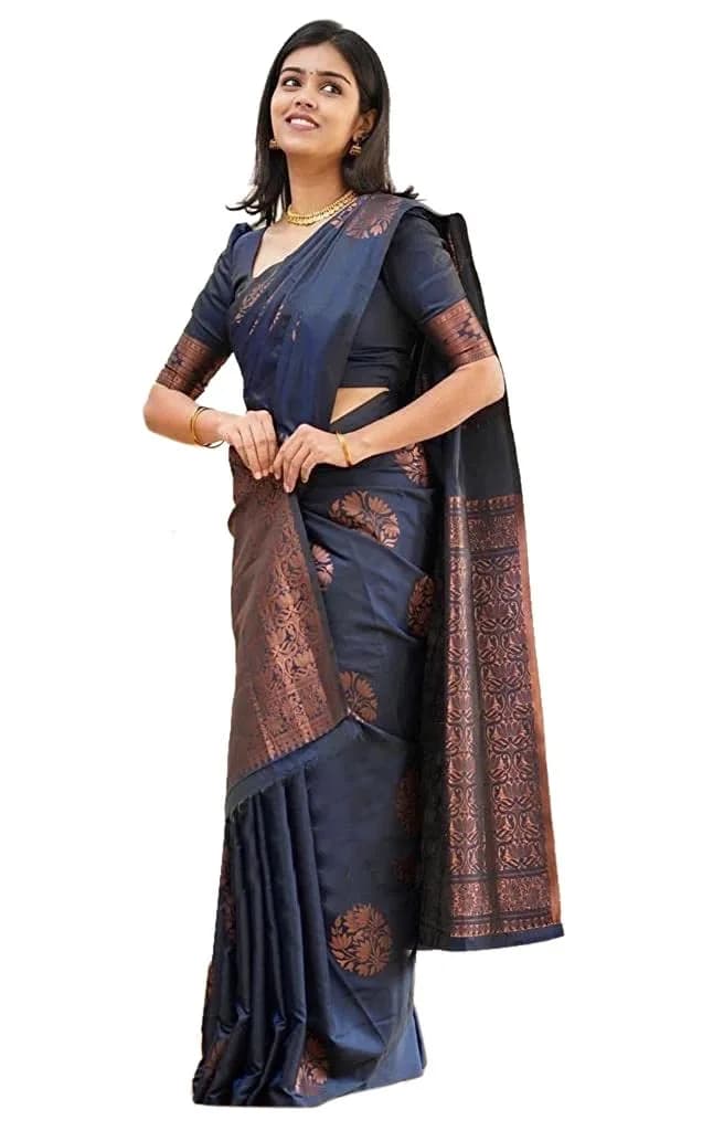 Yashika Women's Banarasi Cotton Silk Jacquard Saree with Blouse Piece, Green, 5.2m (6.3m total) — Navy