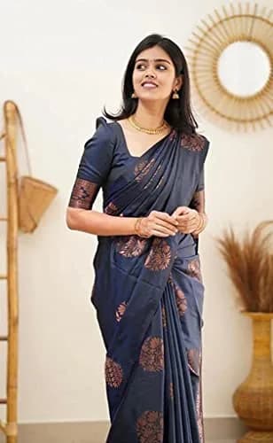 Yashika Women's Banarasi Cotton Silk Jacquard Saree With Blouse Piece, Navy, 5.2m (17.06 ft) | Authentic Indian Weave thumbnail 4