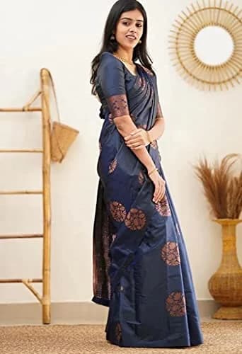 Yashika Women's Banarasi Cotton Silk Jacquard Saree With Blouse Piece, Navy, 5.2m (17.06 ft) | Authentic Indian Weave thumbnail 5