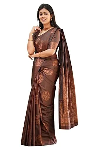 Yashika Banarasi Cotton Silk Jacquard Saree with Blouse, Brown, 5.5m (18 ft) Saree + 0.8m (2.6 ft) Blouse thumbnail 1