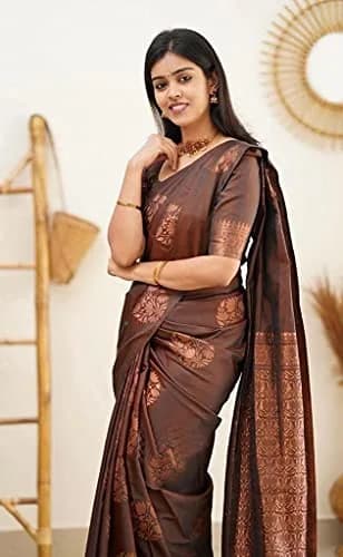 Yashika Banarasi Cotton Silk Jacquard Saree with Blouse, Brown, 5.5m (18 ft) Saree + 0.8m (2.6 ft) Blouse thumbnail 4