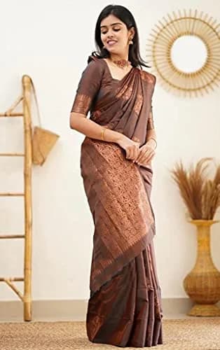 Yashika Banarasi Cotton Silk Jacquard Saree with Blouse, Brown, 5.5m (18 ft) Saree + 0.8m (2.6 ft) Blouse thumbnail 5