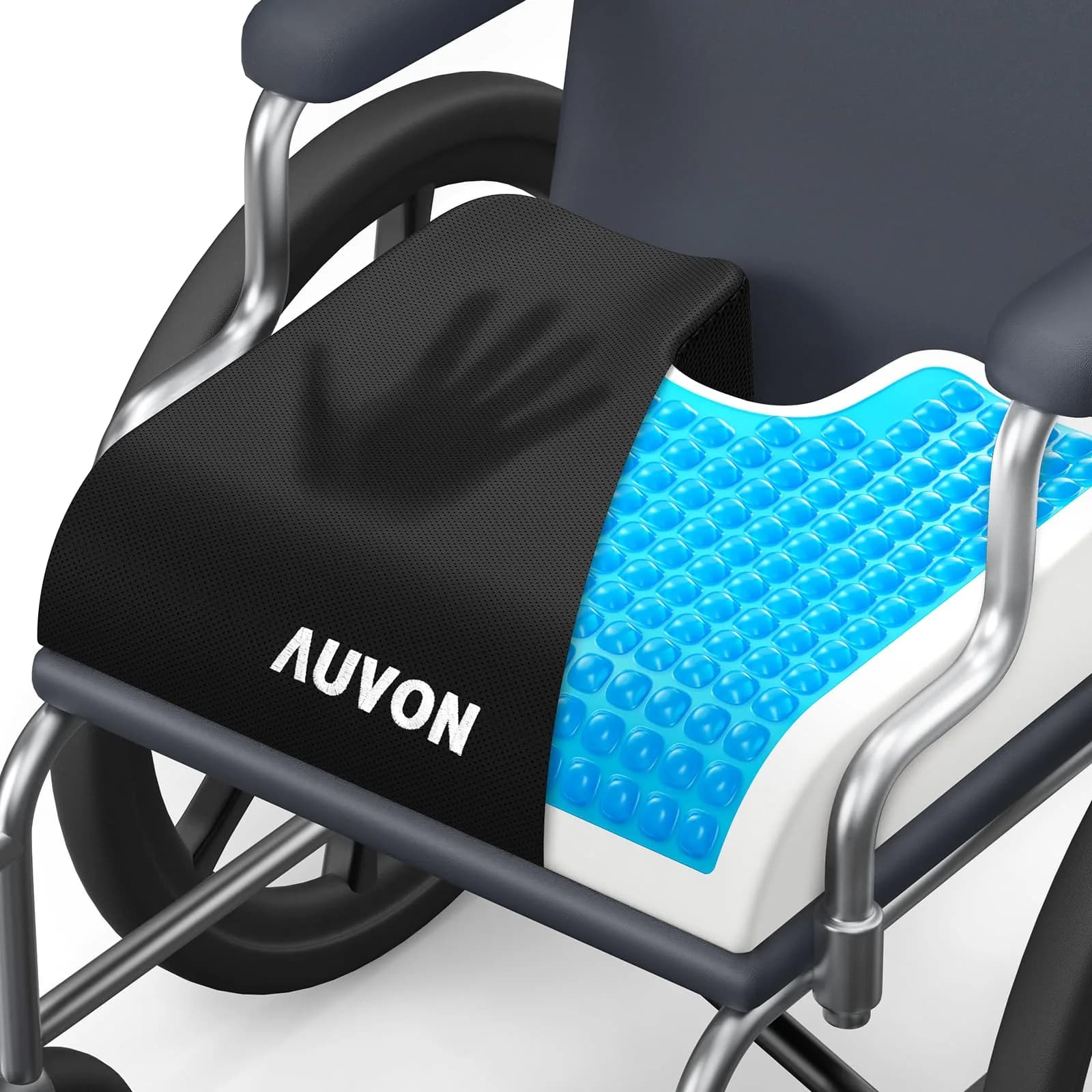 AUVON Gel Wheelchair Seat Cushion XL (43.18 cm x 38.1 cm x 7.62 cm) | Pressure Relief for Back Pain — Black