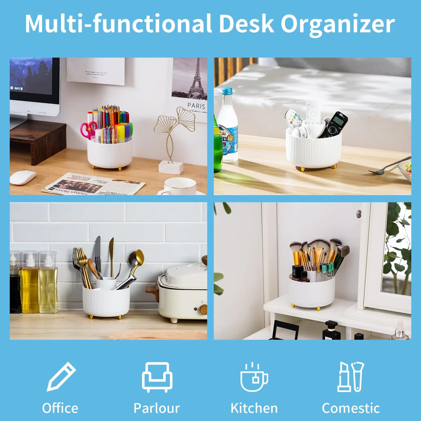 Marbrasse Rotating Desk Organizer with 5 Compartments, White | Smooth 360° Spin for Office & Home - view 2