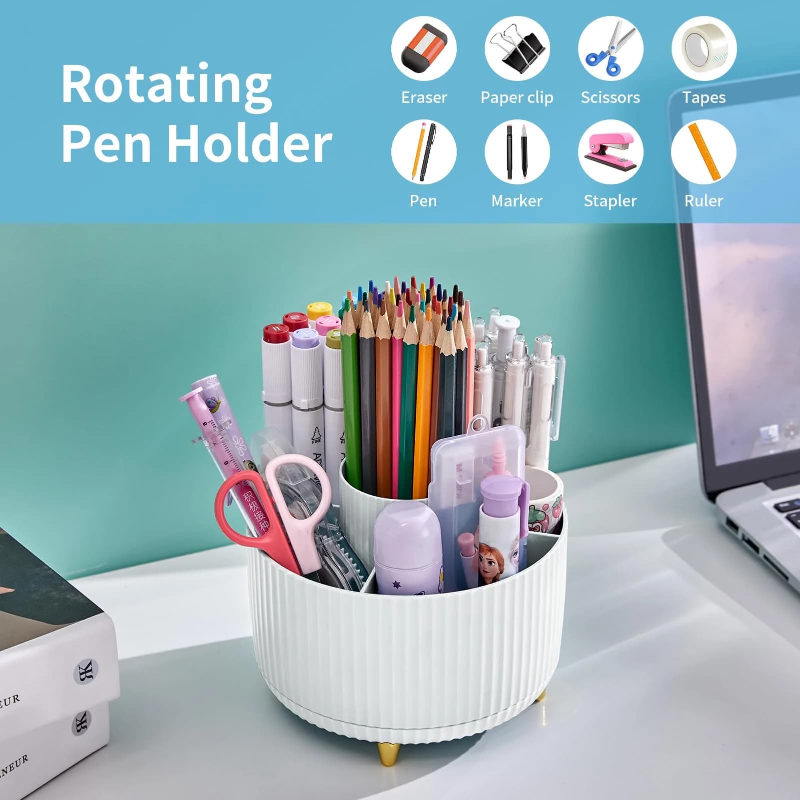 Marbrasse Rotating Desk Organizer with 5 Compartments, White | Smooth 360° Spin for Office & Home - view 3