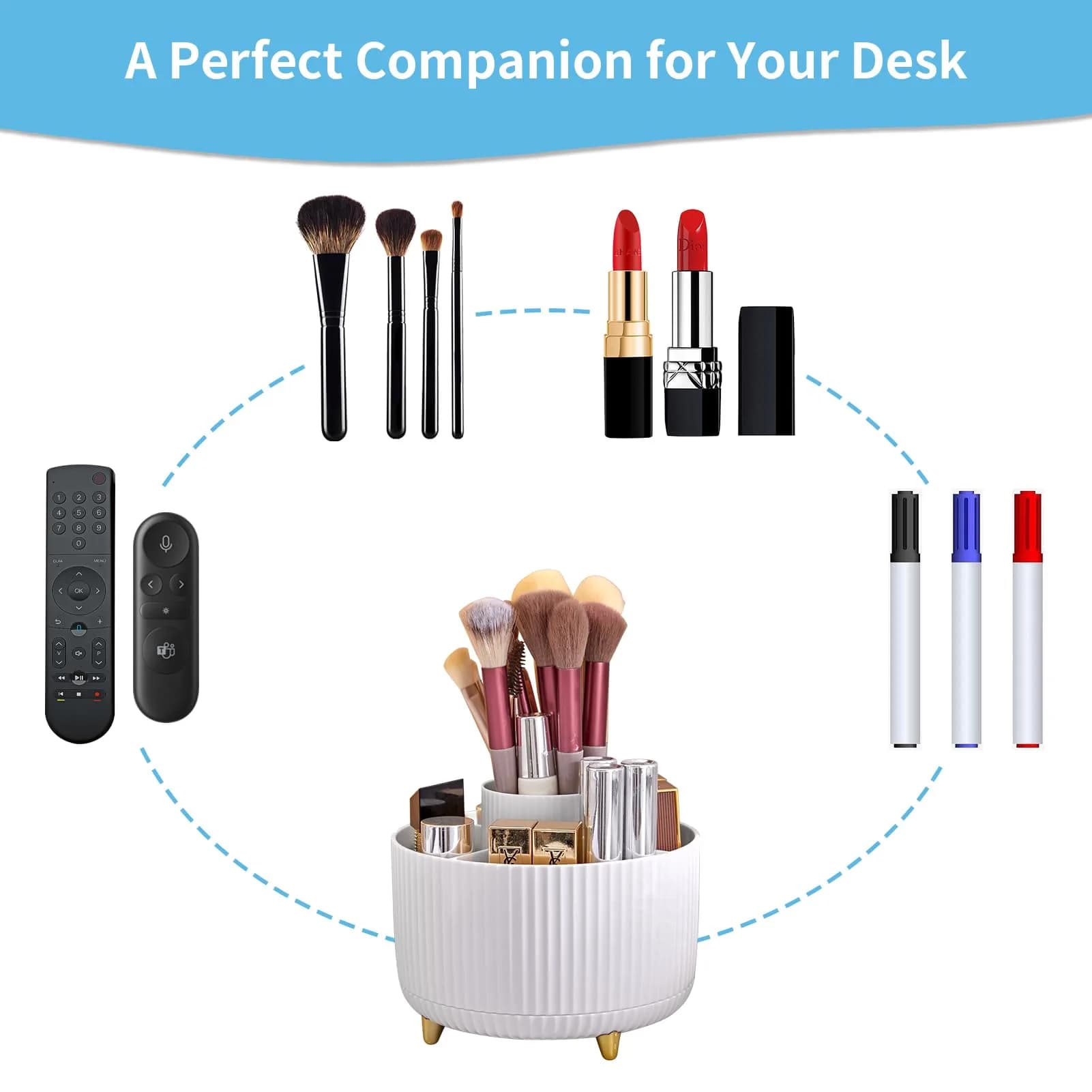 Marbrasse Rotating Desk Organizer with 5 Compartments, White | Smooth 360° Spin for Office & Home - view 6