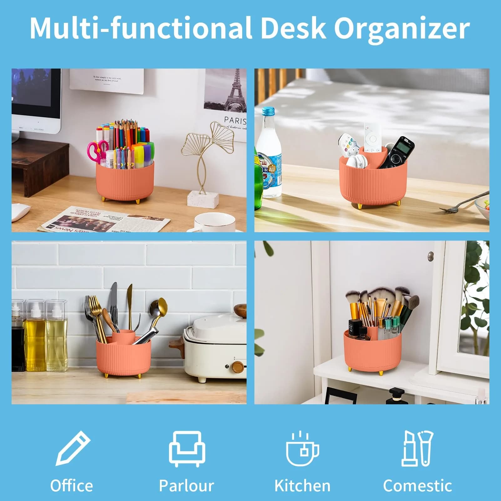 Marbrasse Rotating Desk Organizer with 5 Compartments - Vibrant Orange | Teacher Desk Decor for Office & Home - view 2
