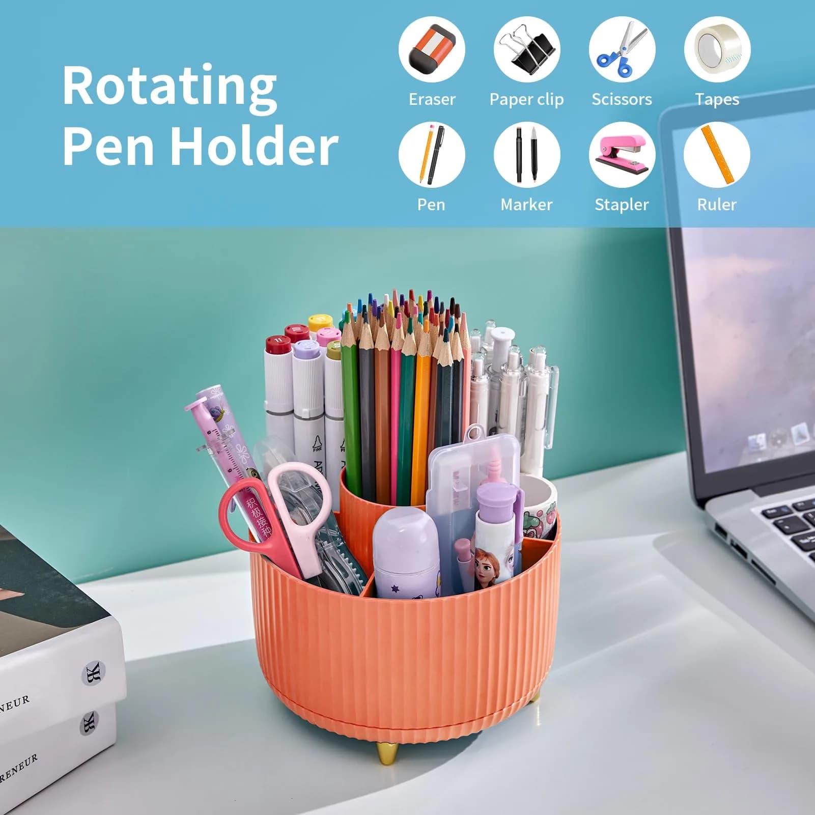 Marbrasse Rotating Desk Organizer with 5 Compartments - Vibrant Orange | Teacher Desk Decor for Office & Home - view 3